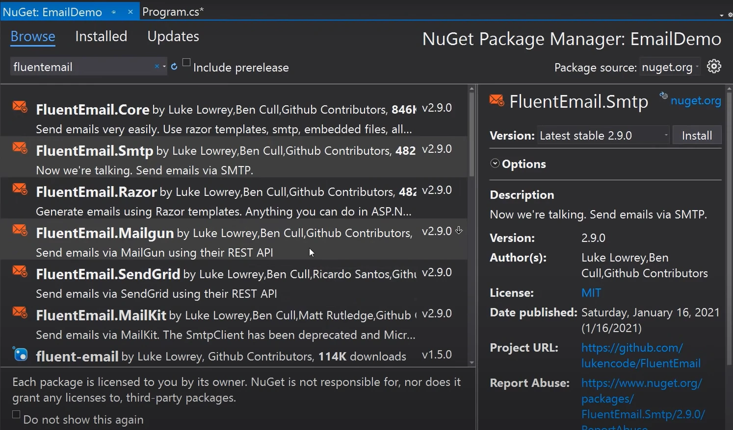 Send Emails In Csharp Using Fluentemail 2 related to Installing FluentEmail via Package Manager Console